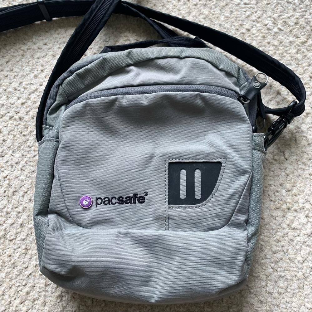Grey Pacsafe bag with loads of pockets